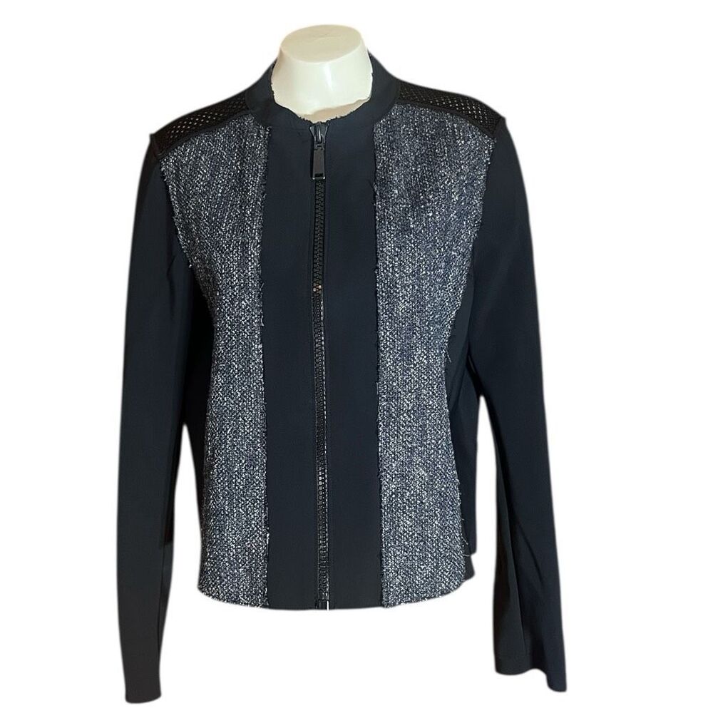Elie Tahari Black Tweed & Mesh Zip Up Mixed Media Jacket Sz L